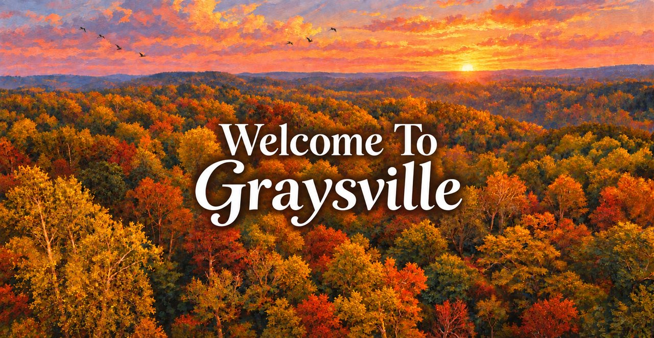 A painting of the sun setting over the autumn-topped wooded hills of Graysville, Alabama, with the words 'Welcome To Graysville' across the sky and birds in flight